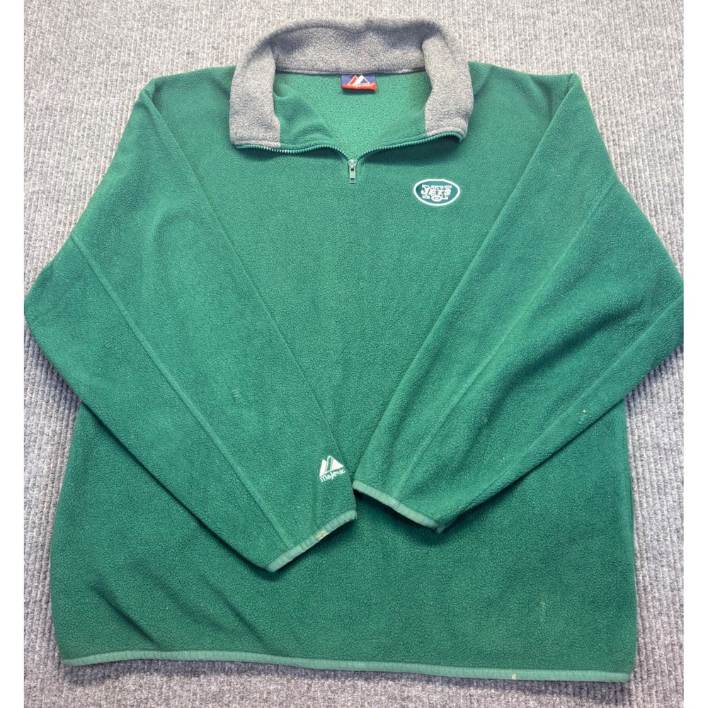 Majestic New York Jets Quarter Zip Fleece Pullover Green Mens XL Vintage NFL